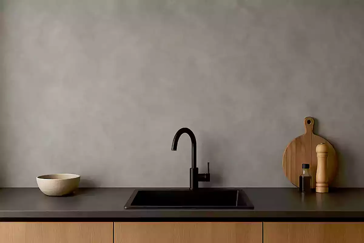 میکروسمنت آشپزخانه روی کابینت‌ها، کف، کانتر و دیوار پشت سینک و اجاق